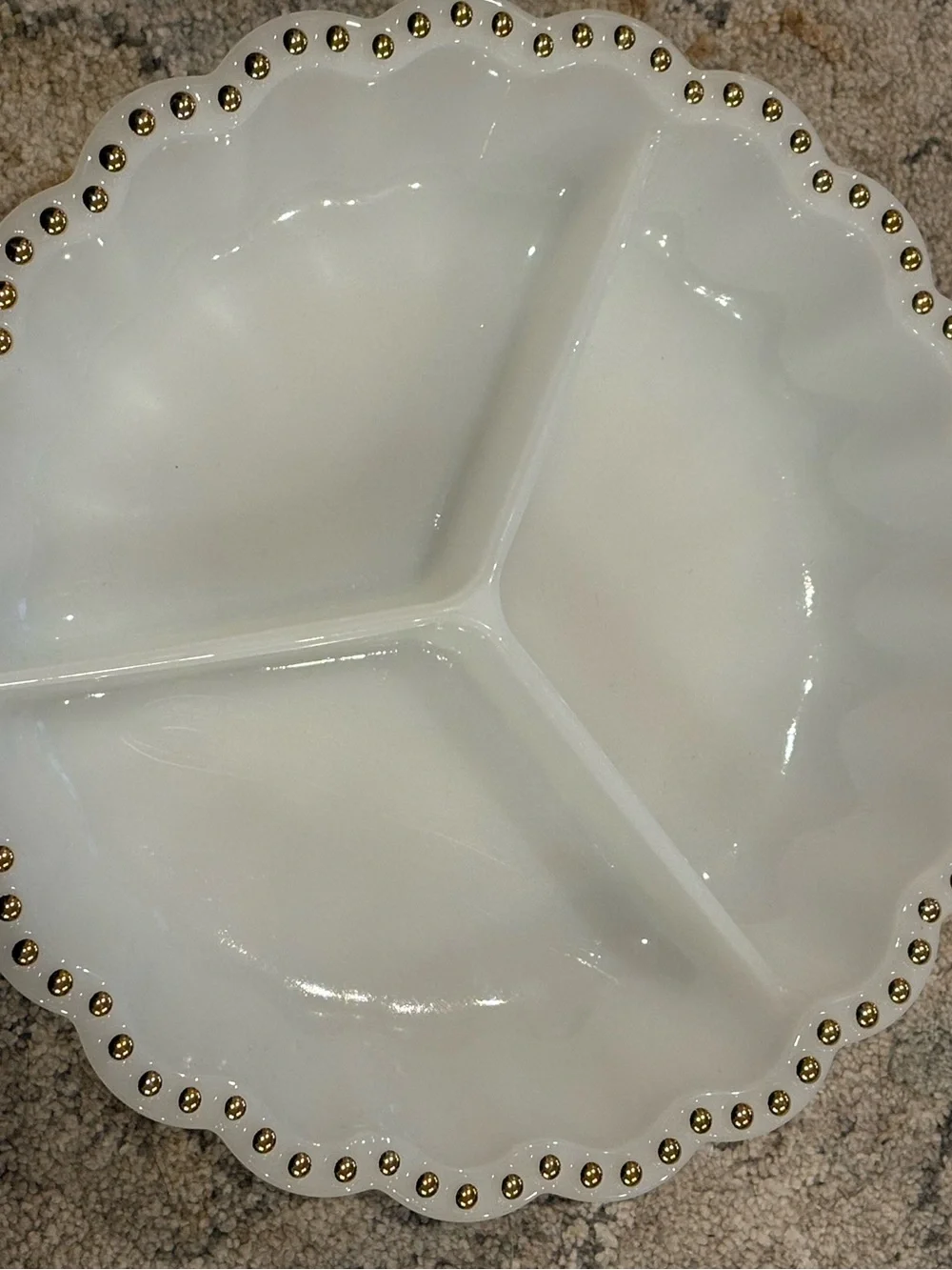 Vintage/antique Milk Glass Divided Dish with Hobnail Gold Rim